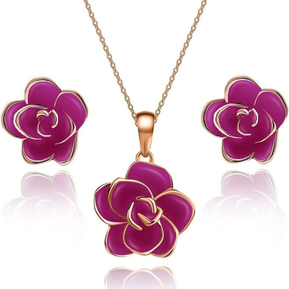 Rose Flower Necklace Earrings Set for Women 18K Gold Plated Hypoallergenic Jewel - Picture 1 of 8
